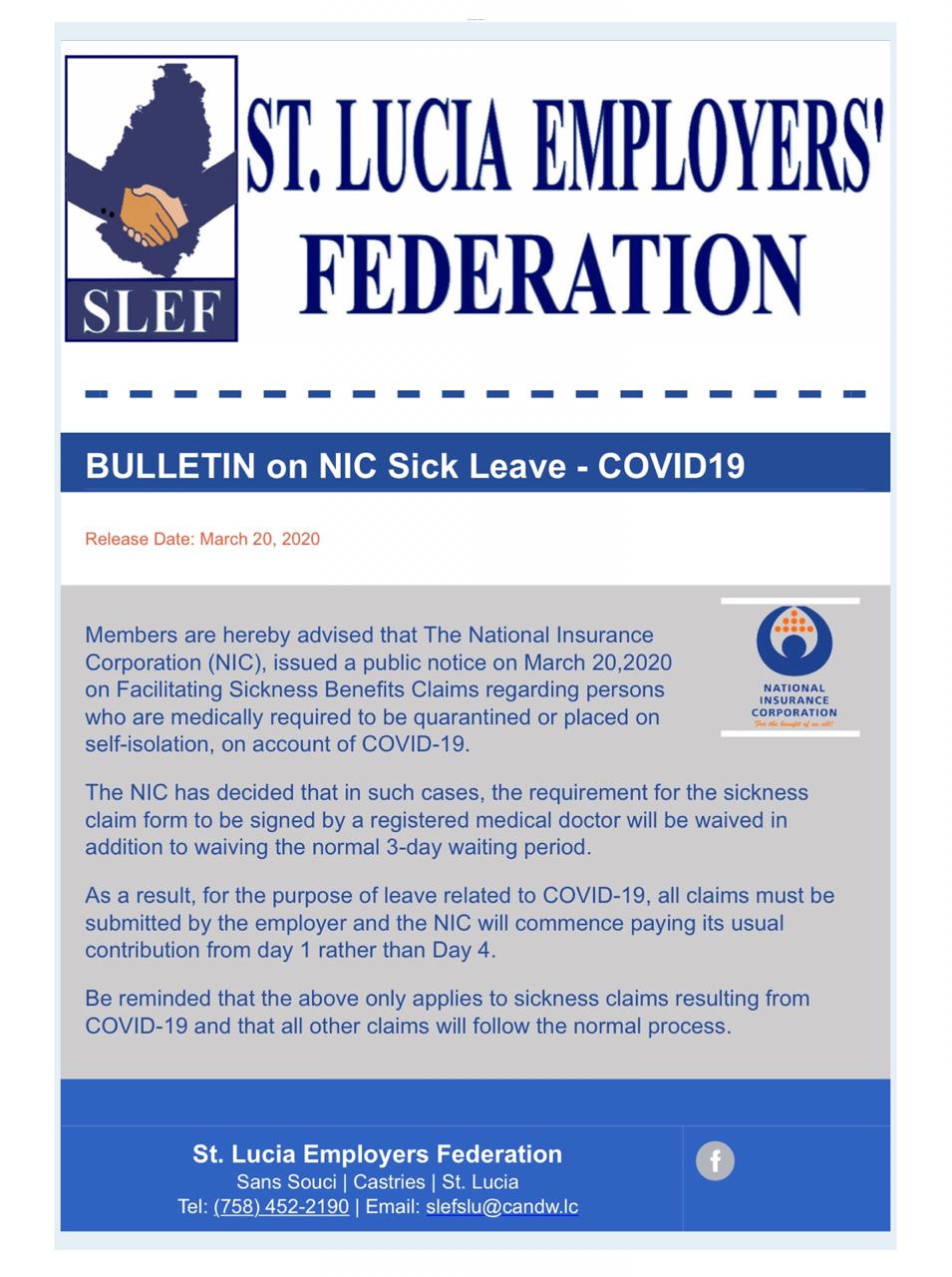 St Lucia Employers Federation Bulletin on NIC Sick Leave - Covid19 - SLHTA